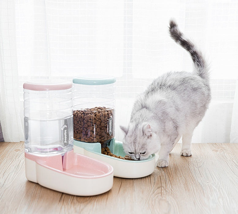 Pet Dog Automatic Feeder white model with cat drinking from automatic water bowl