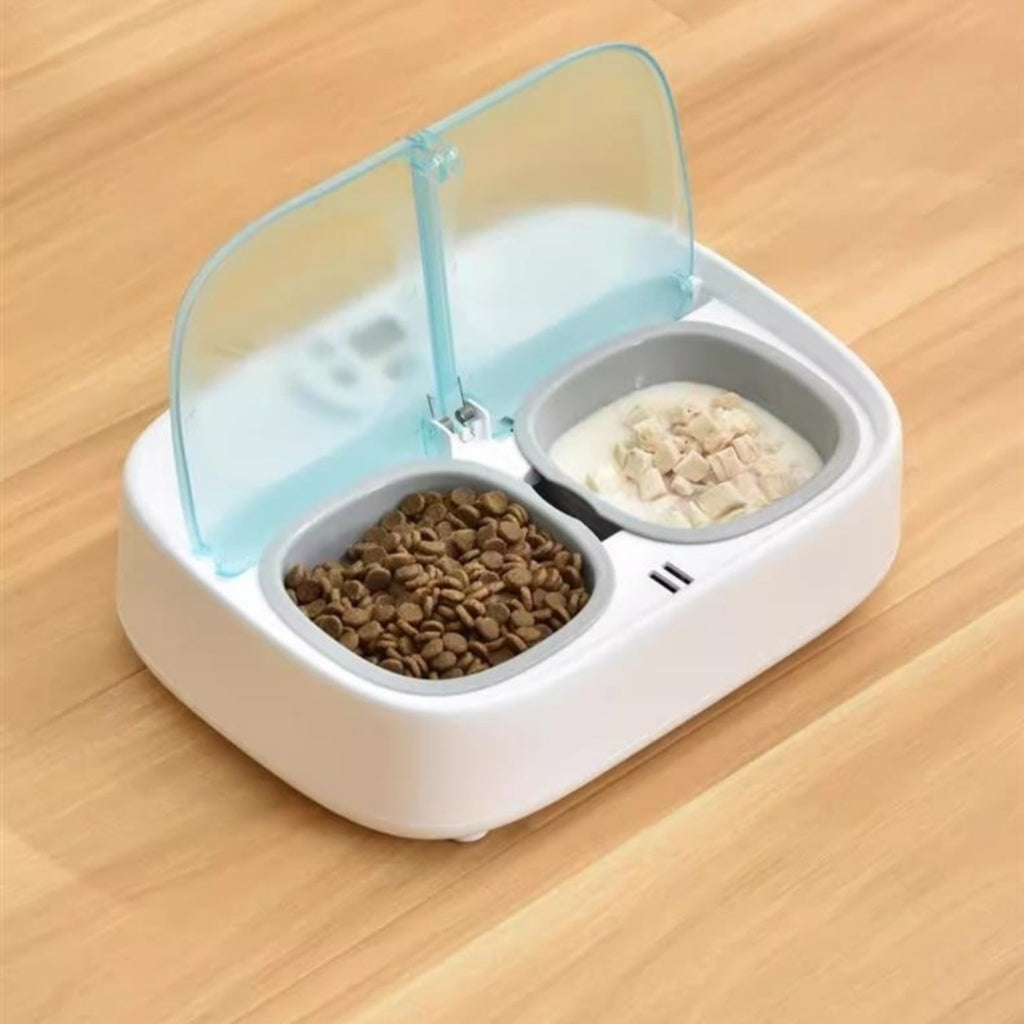 Smart Automatic Dual-Feeding Pet Feeder With Timer for cats featuring dual-port design and transparent lid.