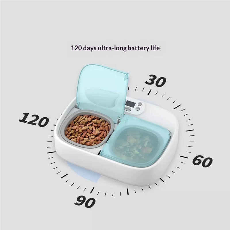 Smart Automatic Dual-Feeding Pet Feeder with timer showing food compartments and battery life indicator