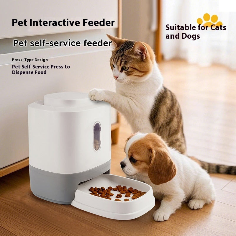 Automatic Pet Feeder for cats and dogs, educational press feeding toy for self-service feeding, gray and white design.