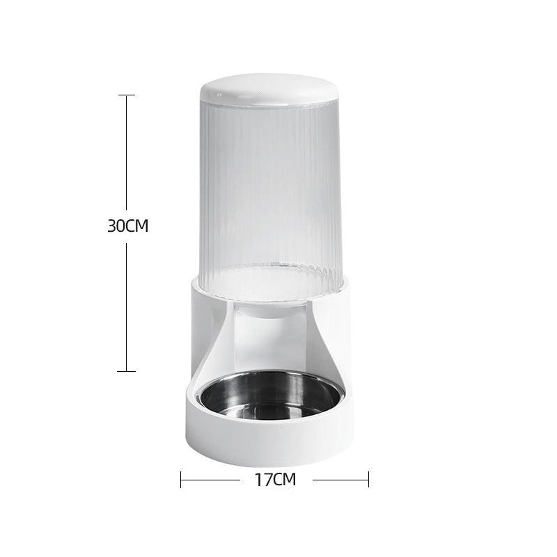 Pet Large Capacity Automatic Pet Feeder with transparent container and stainless steel bowl, 30CM height, 17CM width.