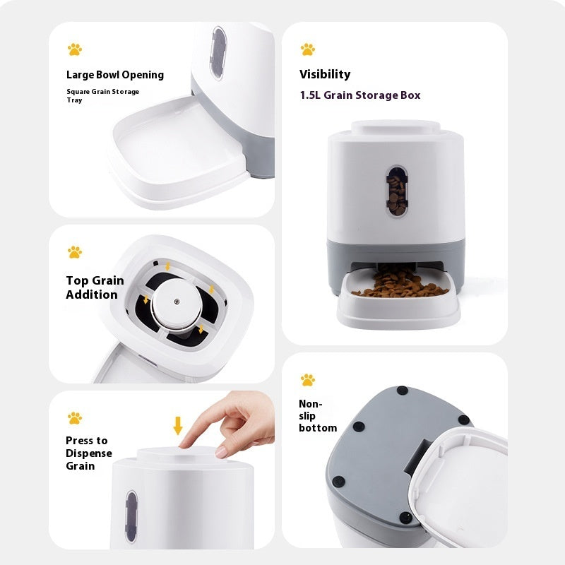 Automatic Pet Feeder features large bowl opening, visibility, top grain addition, and non-slip bottom for easy pet feeding.