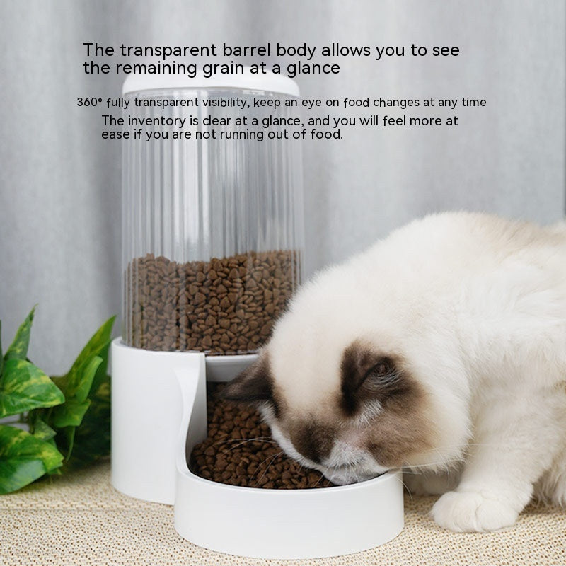 Pet Large Capacity Automatic Pet Feeder with transparent barrel and cat eating from it.