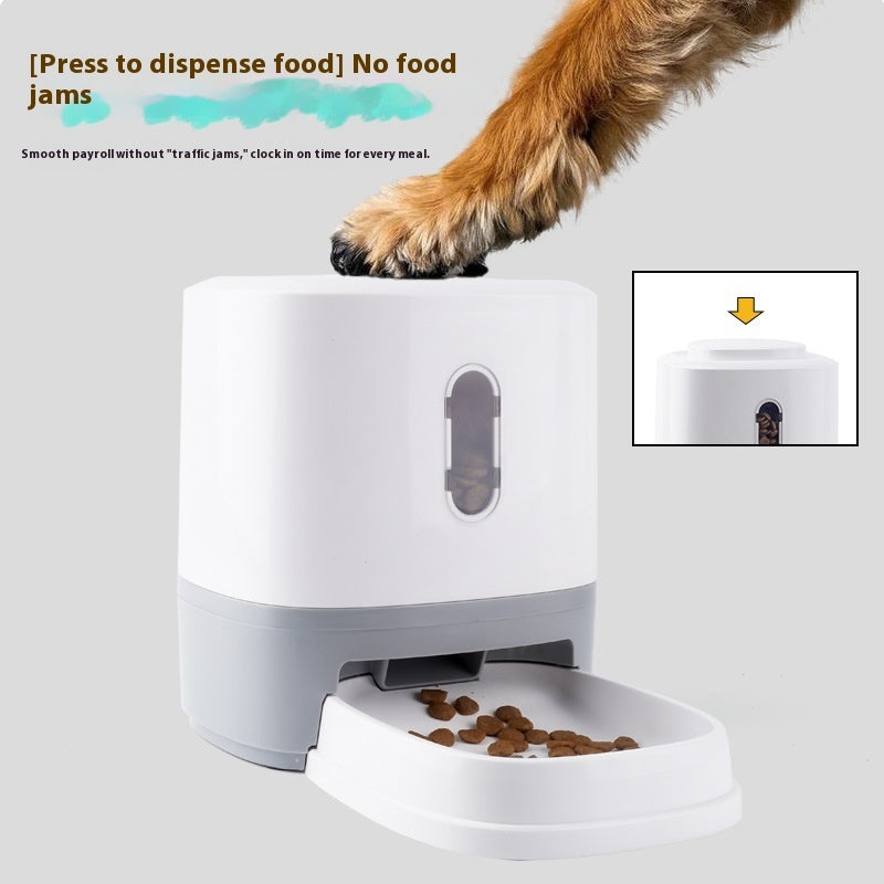Automatic Pet Feeder with a paw pressing to dispense food, designed for no food jams and smooth operation.