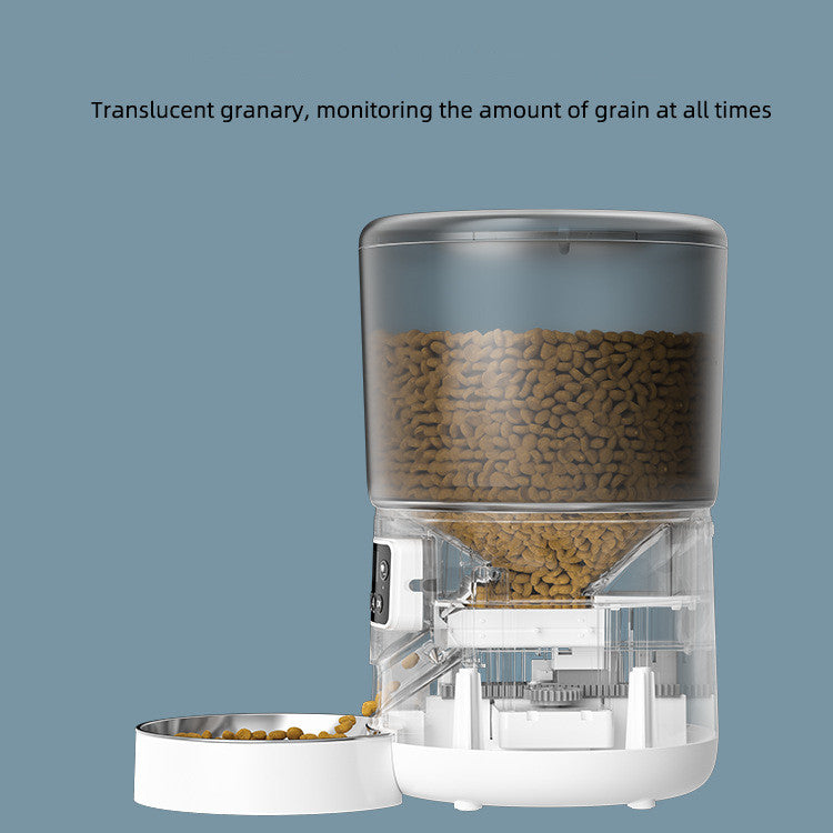 Pet Automatic Feeder gray model with cat beside it showing portion dispensing